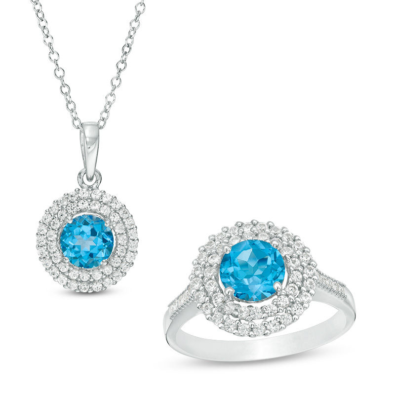 6.5mm Swiss Blue Topaz and Lab-Created White Sapphire Double Frame Pendant and Ring Set in Sterling Silver - Size 7