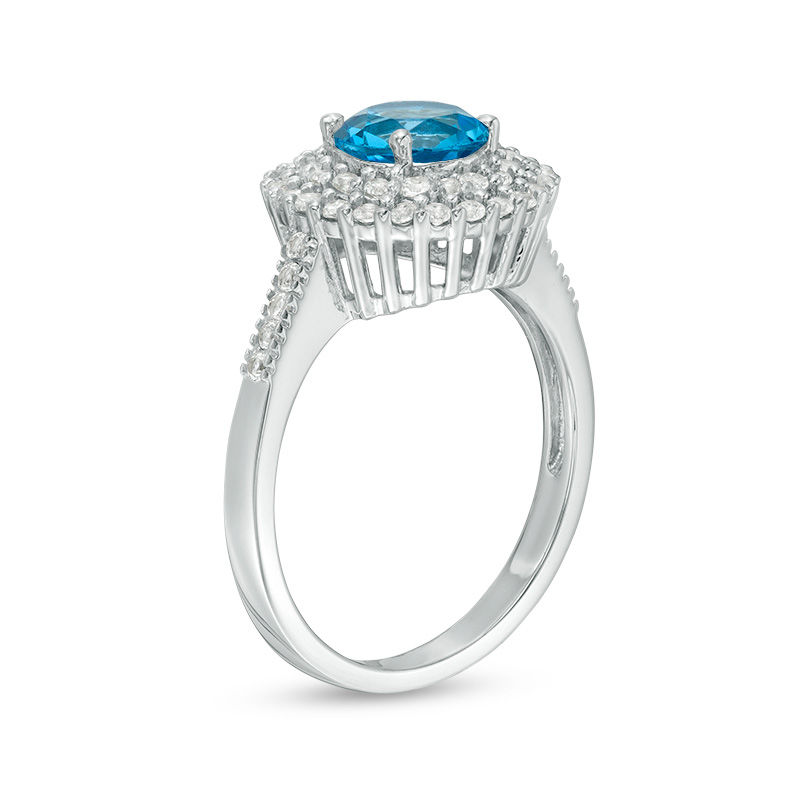 6.5mm Swiss Blue Topaz and Lab-Created White Sapphire Double Frame Pendant and Ring Set in Sterling Silver - Size 7