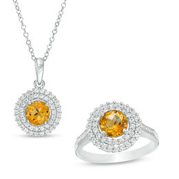6.5mm Citrine and Lab-Created White Sapphire Double Frame Pendant and Ring Set in Sterling Silver - Size 7