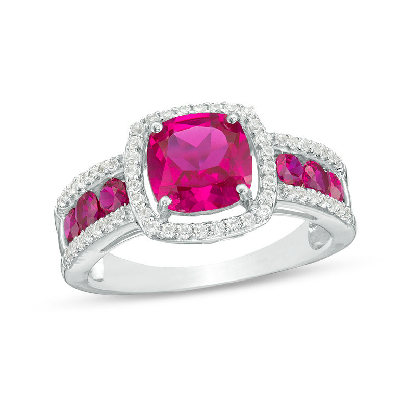 Main Image 1 of 7.0mm Cushion-Cut Lab-Created Ruby and White Sapphire Frame Ring in Sterling Silver