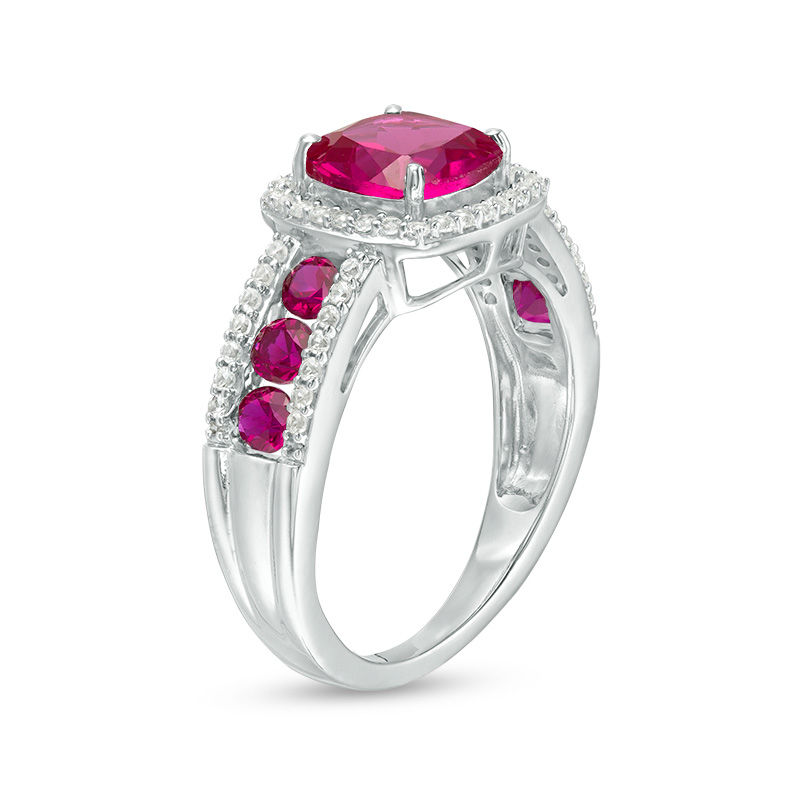 7.0mm Cushion-Cut Lab-Created Ruby and White Sapphire Frame Ring in Sterling Silver