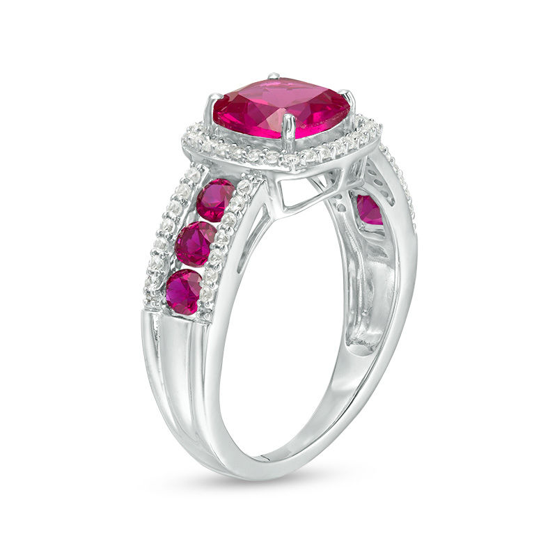 Main Image 2 of 7.0mm Cushion-Cut Lab-Created Ruby and White Sapphire Frame Ring in Sterling Silver