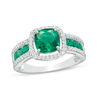 Thumbnail Image 1 of 7.0mm Cushion-Cut Lab-Created Emerald and White Sapphire Frame Ring in Sterling Silver