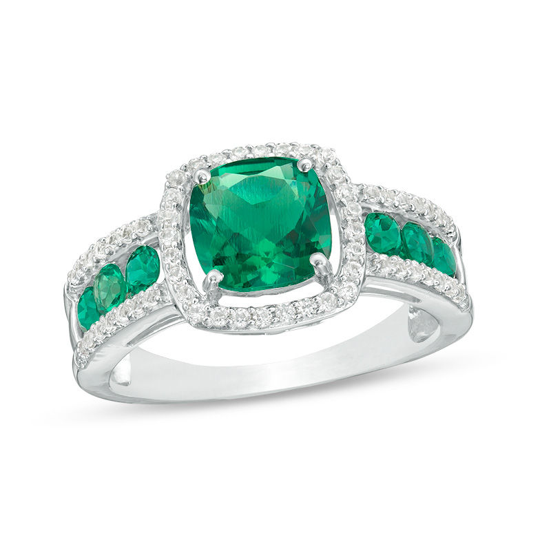 Main Image 1 of 7.0mm Cushion-Cut Lab-Created Emerald and White Sapphire Frame Ring in Sterling Silver