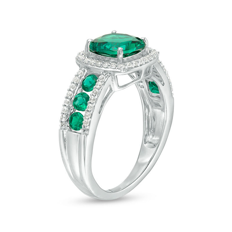 Main Image 2 of 7.0mm Cushion-Cut Lab-Created Emerald and White Sapphire Frame Ring in Sterling Silver