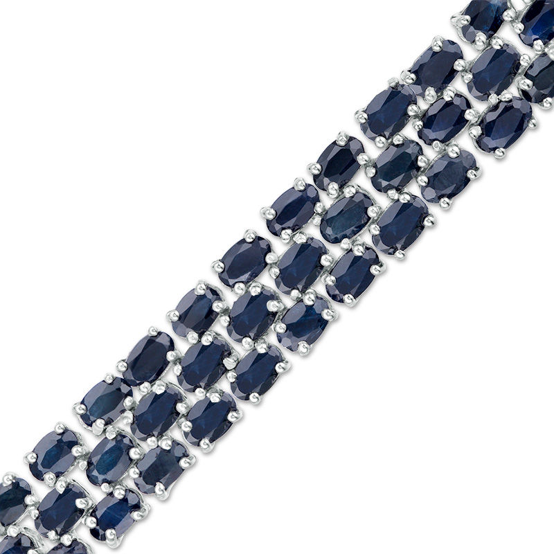 Main Image 1 of Oval Blue Sapphire Triple Row Bracelet in Sterling Silver - 7.5"