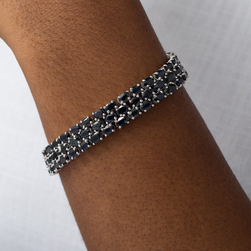 Main Image 2 of Oval Blue Sapphire Triple Row Bracelet in Sterling Silver - 7.5"