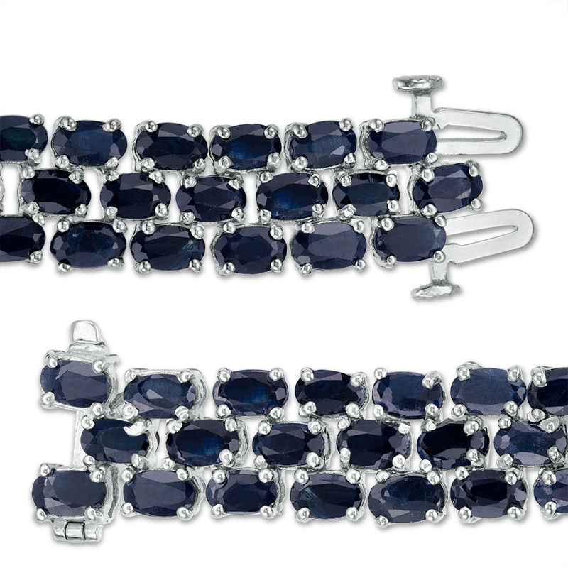Main Image 3 of Oval Blue Sapphire Triple Row Bracelet in Sterling Silver - 7.5"