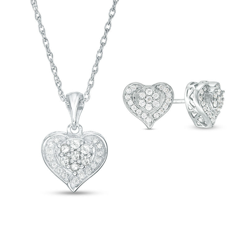 Main Image 1 of Lab-Created White Sapphire Heart Pendant and Stud Earrings Set in Sterling Silver