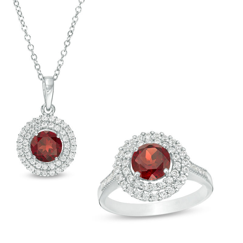 Main Image 1 of 6.5mm Garnet and Lab-Created White Sapphire Double Frame Pendant and Ring Set in Sterling Silver - Size 7