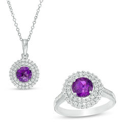 6.5mm Amethyst and Lab-Created White Sapphire Double Frame Pendant and Ring Set in Sterling Silver - Size 7