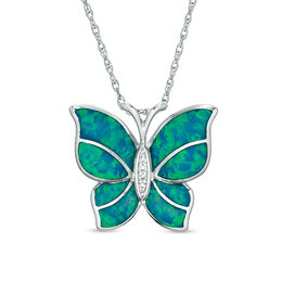 Lab-Created Blue Opal and White Sapphire Butterfly Pendant in Sterling Silver