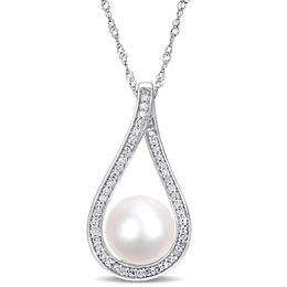 9.0 - 9.5mm Cultured Freshwater Pearl and 1/5 CT. T.W. Diamond Open Teardrop Frame Pendant in 14K White Gold - 17&quot;