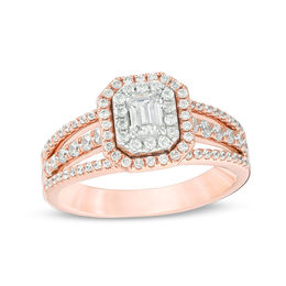 Celebration Ideal 1 CT. T.W. Emerald-Cut Certified Diamond Double Frame Multi-Row Engagement Ring in 14K Two-Tone Gold (I/SI2)