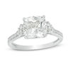 Thumbnail Image 0 of 8.0mm Cushion-Cut Lab-Created White Sapphire and 1/20 CT. T.W. Diamond Tri-Sides Engagement Ring in 10K White Gold