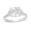 Thumbnail Image 1 of 8.0mm Cushion-Cut Lab-Created White Sapphire and 1/20 CT. T.W. Diamond Tri-Sides Engagement Ring in 10K White Gold