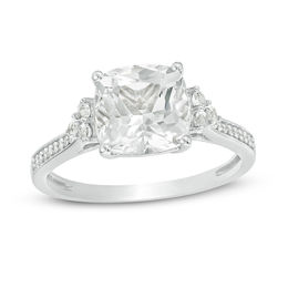 8.0mm Cushion-Cut Lab-Created White Sapphire and 1/20 CT. T.W. Diamond Tri-Sides Engagement Ring in 10K White Gold