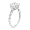 Thumbnail Image 3 of 8.0mm Cushion-Cut Lab-Created White Sapphire and 1/20 CT. T.W. Diamond Tri-Sides Engagement Ring in 10K White Gold