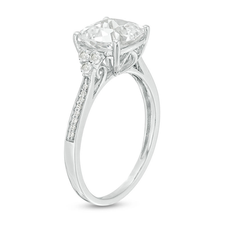 8.0mm Cushion-Cut Lab-Created White Sapphire and 1/20 CT. T.W. Diamond Tri-Sides Engagement Ring in 10K White Gold