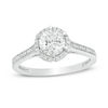 Thumbnail Image 0 of 6.0mm Lab-Created White Sapphire and 1/10 CT. T.W. Diamond Frame Engagement Ring in 10K White Gold