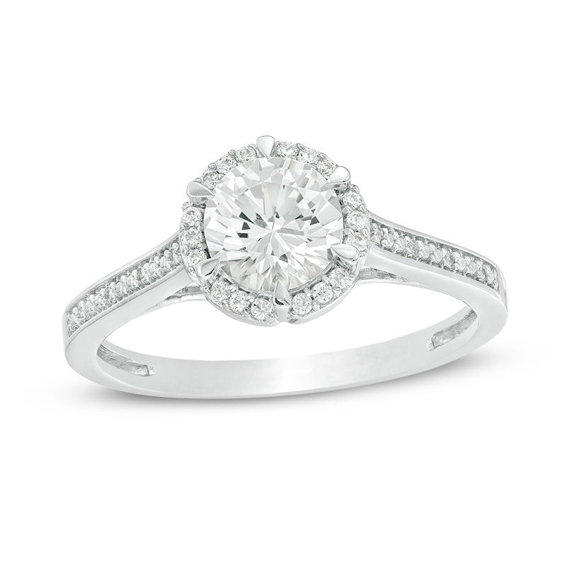 6.0mm Lab-Created White Sapphire and 1/10 CT. T.W. Diamond Frame Engagement Ring in 10K White Gold