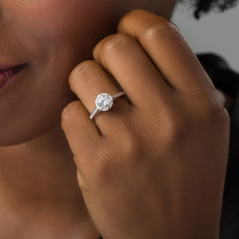 Main Image 2 of 6.0mm Lab-Created White Sapphire and 1/10 CT. T.W. Diamond Frame Engagement Ring in 10K White Gold