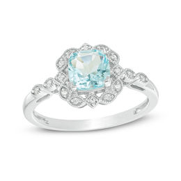 Cushion-Cut Simulated Aquamarine and 0.04 CT. T.W. Diamond Frame Vintage-Style Engagement Ring in Sterling Silver