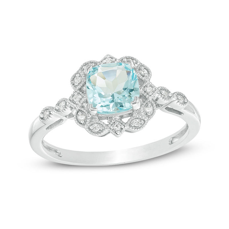 Cushion Cut Simulated Aquamarine and 0.04 CT. T.W. Diamond Frame