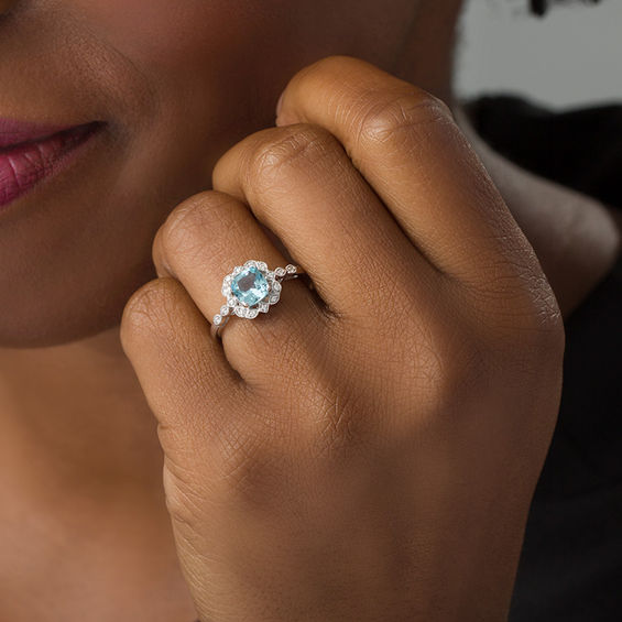 Cushion-Cut Simulated Aquamarine and Diamond Frame