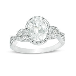Oval Lab-Created White Sapphire and 1/6 CT. T.W. Diamond Frame Infinity Shank Engagement Ring in Sterling Silver