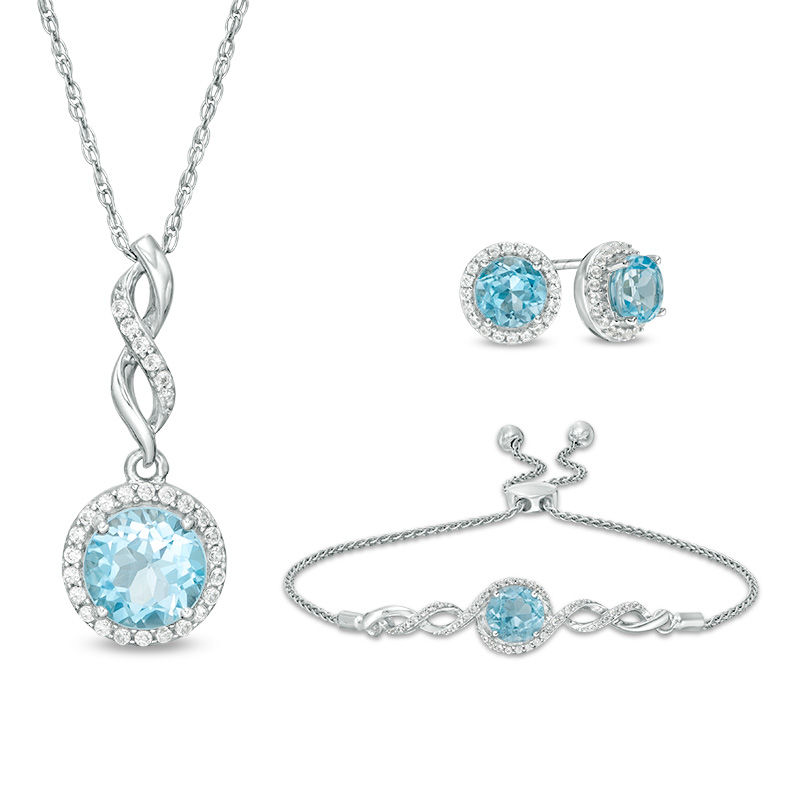 Main Image 1 of Swiss Blue Topaz and Lab-Created White Sapphire Frame Three Piece Set in Sterling Silver