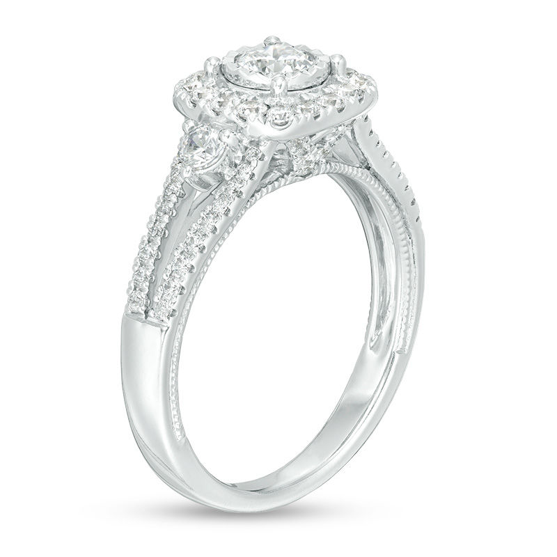 1 CT. T.W. Composite Diamond Cushion Frame Split Shank Vintage-Style Engagement Ring in 10K White Gold