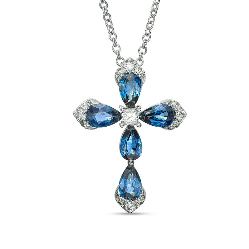 EFFY™ Collection Pear-Shaped Blue Sapphire and 1/6 CT. T.W. Diamond Cross Pendant in 14K White Gold