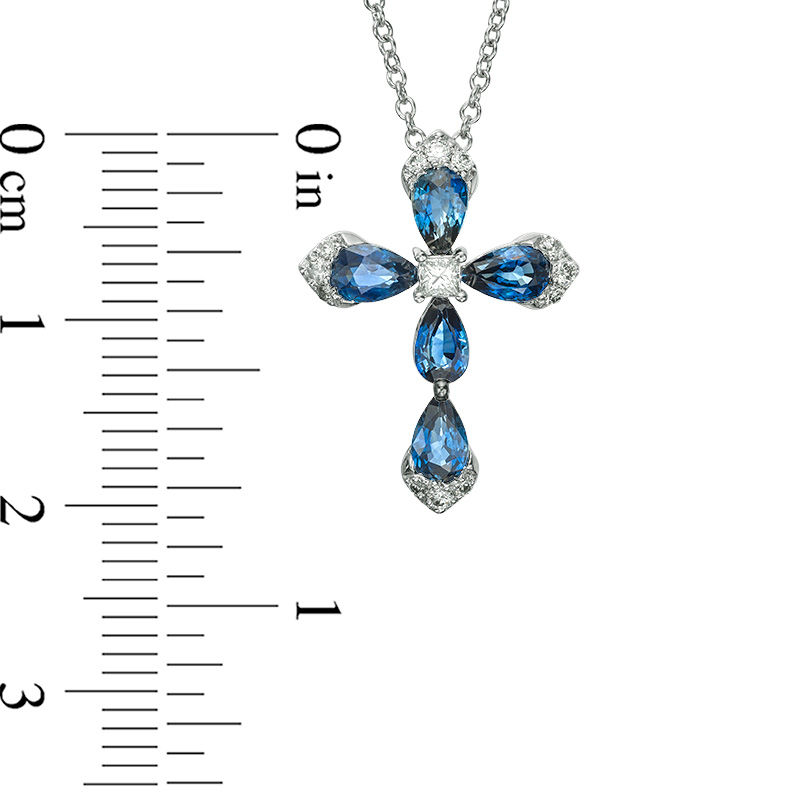 Main Image 2 of EFFY™ Collection Pear-Shaped Blue Sapphire and 1/6 CT. T.W. Diamond Cross Pendant in 14K White Gold