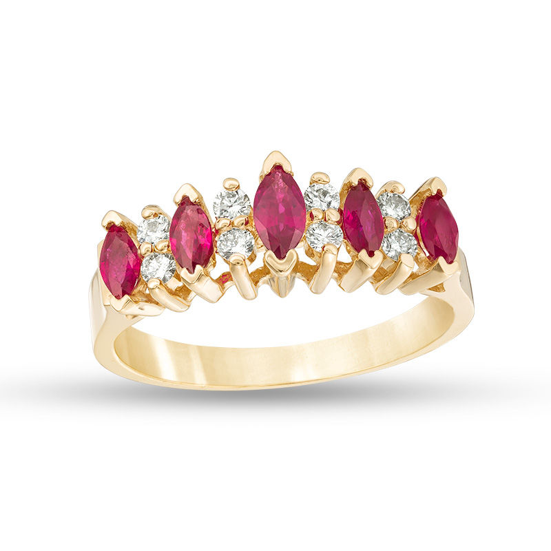 EFFY™ Collection Marquise Ruby and 1/5 CT. T.W. Diamond Five Stone Ring in 14K Gold