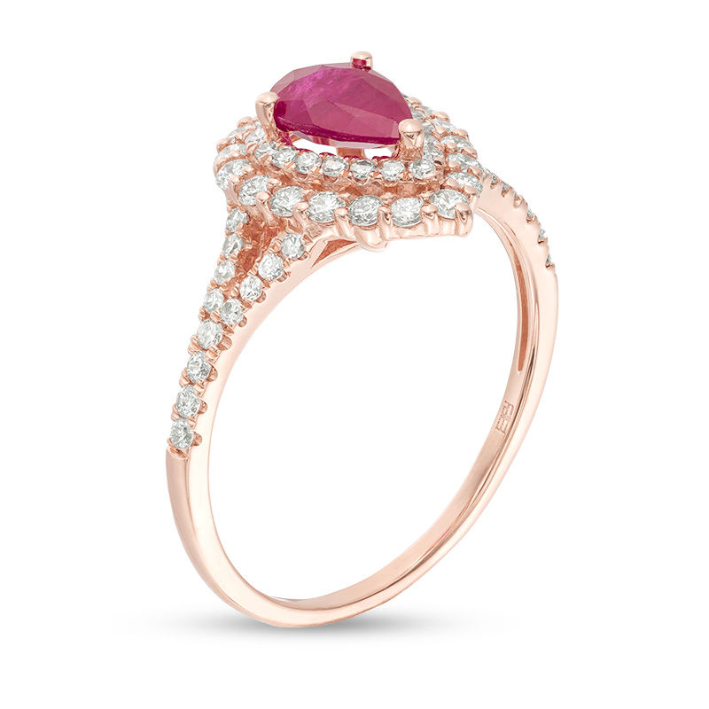 Main Image 3 of EFFY™ Collection Pear-Shaped Ruby and 1/2 CT. T.W. Diamond Double Frame Split Shank Ring in 14K Rose Gold