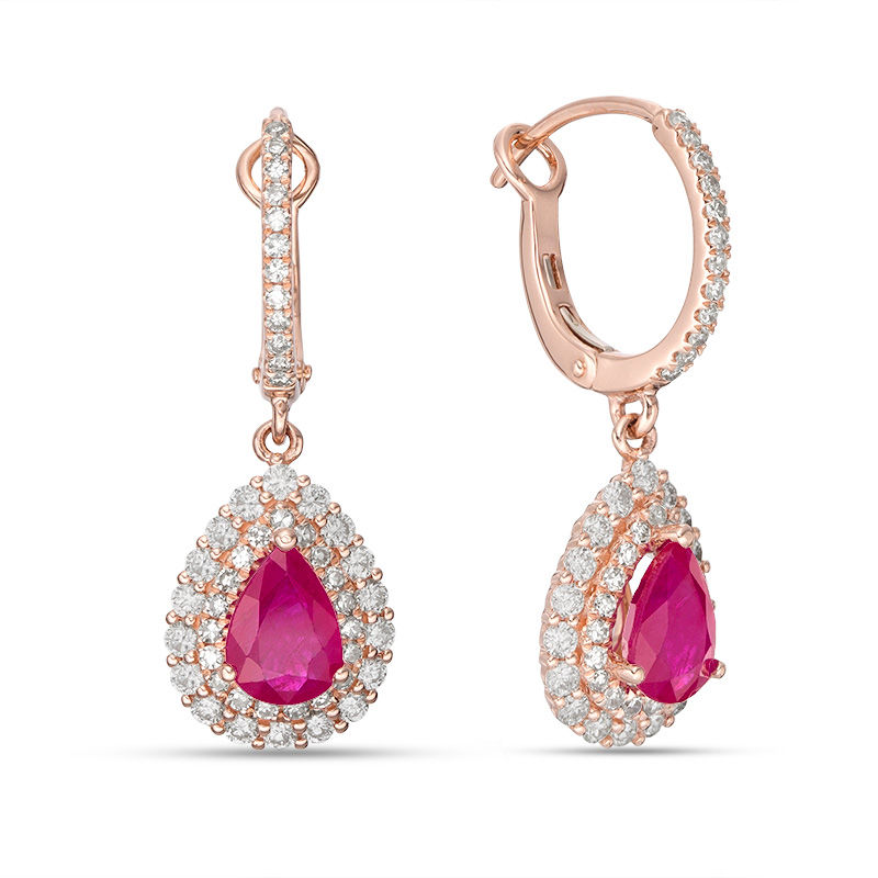 EFFY™ Collection Pear-Shaped Ruby and 7/8 CT. T.W. Diamond Double Frame Drop Earrings in 14K Rose Gold