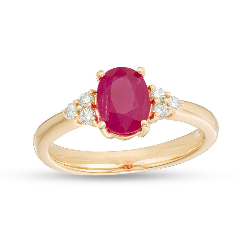 EFFY™ Collection Oval Ruby and 1/10 CT. T.W. Diamond Tri-Sides Ring in 14K Gold