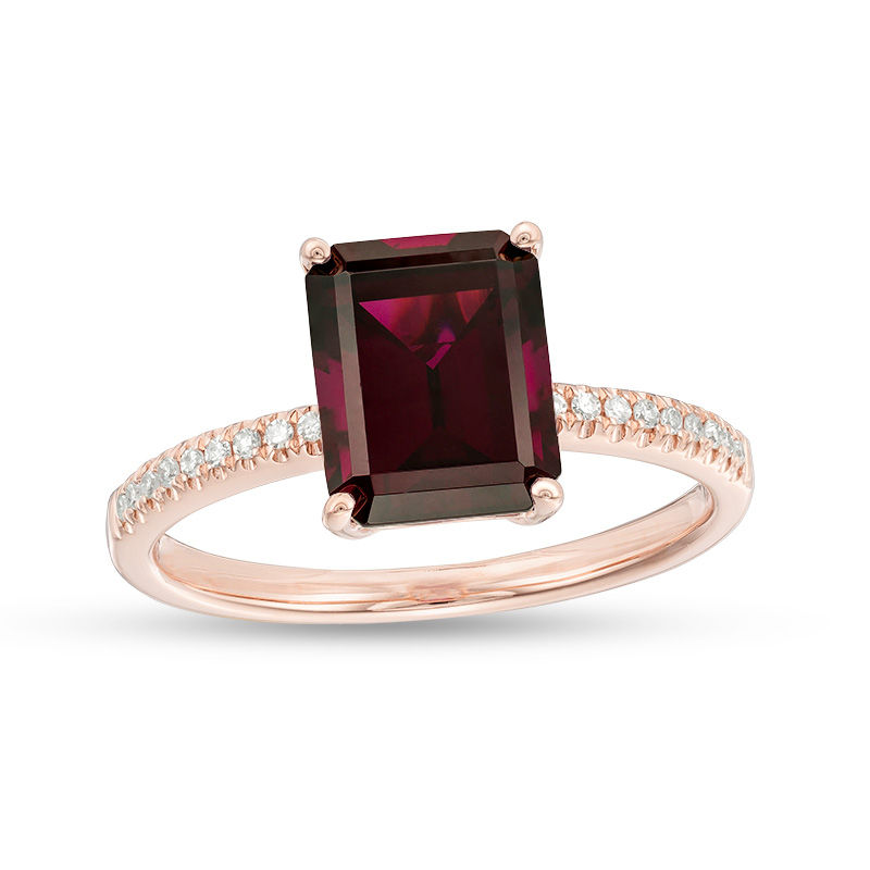 Main Image 1 of EFFY™ Collection Octagon Rhodolite Garnet and 1/15 CT. T.W. Diamond Ring in 14K Rose Gold