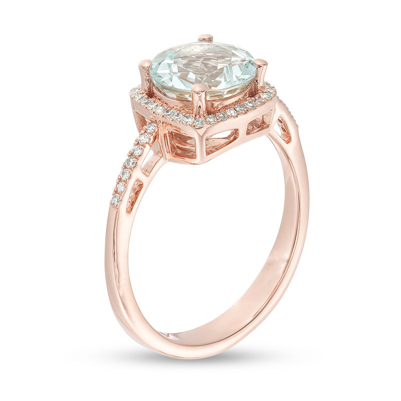 EFFY™ Collection 8.0mm Aquamarine and 1/6 CT. T.W. Diamond Cushion Frame Ring in 14K Rose Gold