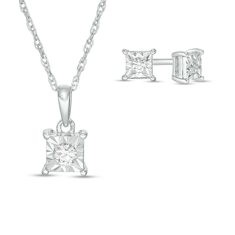 Main Image 1 of 1/10 CT. T.W. Diamond Solitaire Square Pendant and Stud Earrings Set in Sterling Silver
