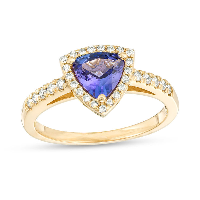 Main Image 1 of EFFY™ Collection 6.5mm Trillion-Cut Tanzanite and 1/5 CT. T.W. Diamond Frame Ring in 14K Gold