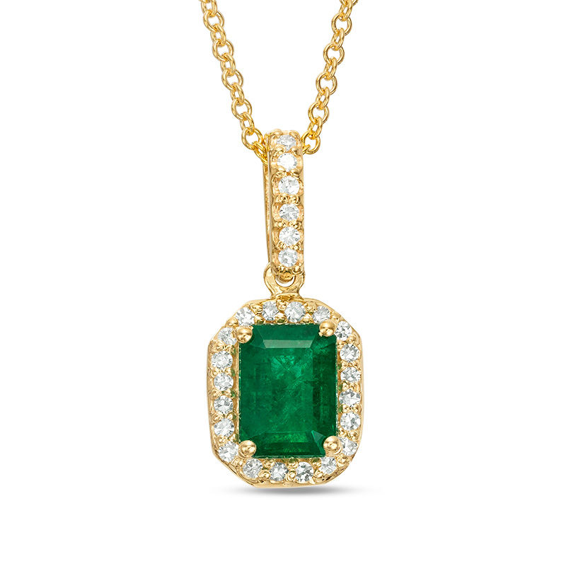 Main Image 1 of EFFY™ Collection Emerald-Cut Emerald and 1/8 CT. T.W. Diamond Frame Drop Pendant in 14K Gold