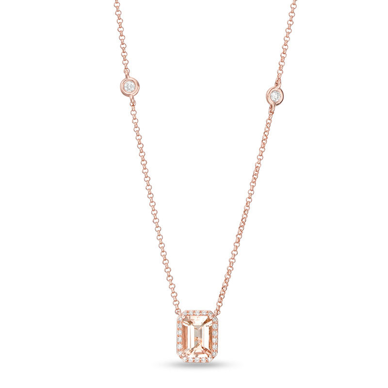 Main Image 1 of EFFY™ Collection Emerald-Cut Morganite and 1/5 CT. T.W. Diamond Frame Station Necklace in 14K Rose Gold