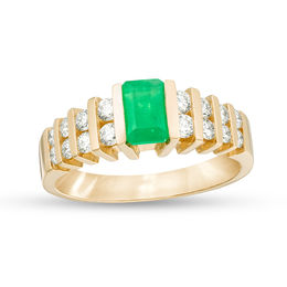 EFFY™ Collection Emerald-Cut Emerald and 1/2 CT. T.W. Diamond Double Row Stepped Shank Ring in 14K Gold