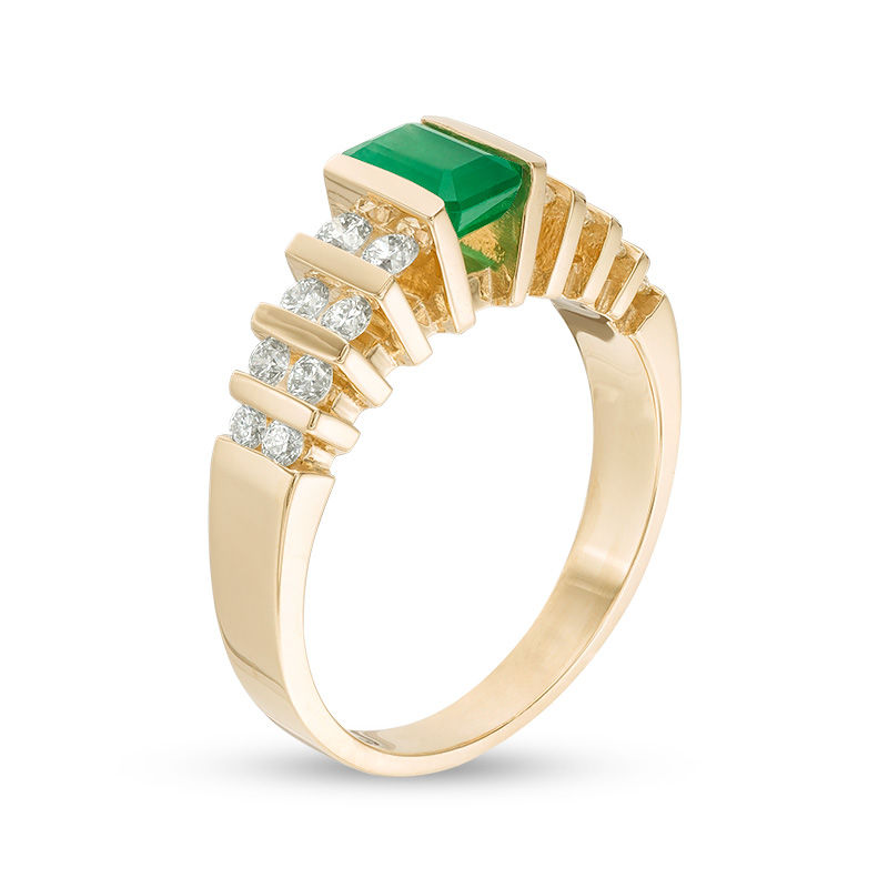 EFFY™ Collection Emerald-Cut Emerald and 1/2 CT. T.W. Diamond Double Row Stepped Shank Ring in 14K Gold