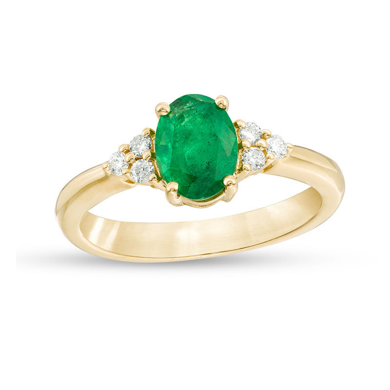 Main Image 1 of EFFY™ Collection Oval Emerald and 1/10 CT. T.W. Diamond Tri-Sides Ring in 14K Gold