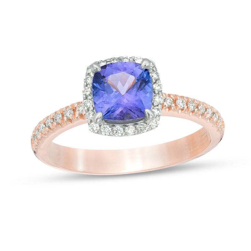 Main Image 1 of EFFY™ Collection 6.5mm Cushion-Cut Tanzanite and 1/5 CT. T.W. Diamond Frame Ring in 14K Two-Tone Gold