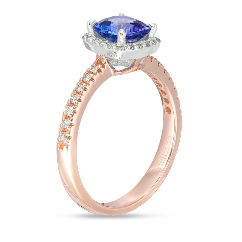 Main Image 2 of EFFY™ Collection 6.5mm Cushion-Cut Tanzanite and 1/5 CT. T.W. Diamond Frame Ring in 14K Two-Tone Gold