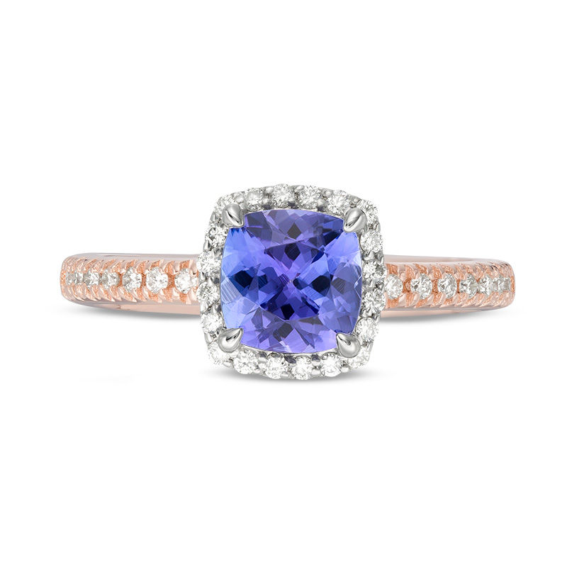 Main Image 3 of EFFY™ Collection 6.5mm Cushion-Cut Tanzanite and 1/5 CT. T.W. Diamond Frame Ring in 14K Two-Tone Gold